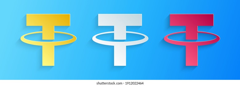 Paper cut Cryptocurrency coin Tether USDT icon isolated on blue background. Physical bit coin. Digital currency. Blockchain based secure crypto currency. Paper art style. Vector.