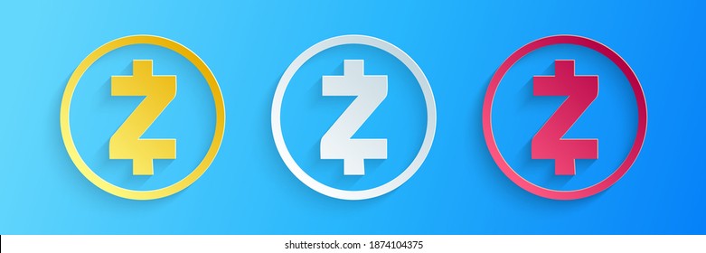 Paper cut Cryptocurrency coin Zcash ZEC icon isolated on blue background. Physical bit coin. Digital currency. Blockchain based secure crypto currency. Paper art style. Vector.
