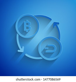 Paper cut Cryptocurrency exchange icon isolated on blue background. Bitcoin to Dash exchange icon. Cryptocurrency technology, mobile banking. Paper art style. Vector Illustration