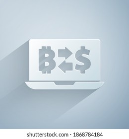Paper cut Cryptocurrency exchange icon isolated on grey background. Bitcoin to dollar exchange icon. Cryptocurrency technology, mobile banking. Paper art style. Vector