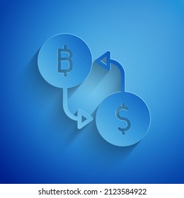 Paper cut Cryptocurrency exchange icon isolated on blue background. Bitcoin to dollar exchange icon. Cryptocurrency technology, mobile banking. Paper art style. Vector