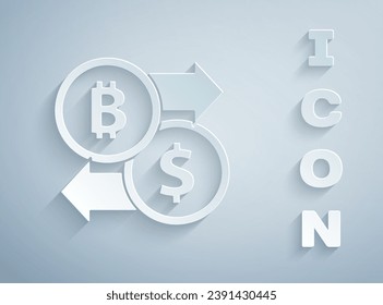 Paper cut Cryptocurrency exchange icon isolated on grey background. Bitcoin to dollar exchange icon. Cryptocurrency technology, mobile banking. Paper art style. Vector