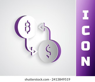 Paper cut Cryptocurrency exchange icon isolated on grey background. Bitcoin to dollar exchange icon. Cryptocurrency technology, mobile banking. Paper art style. Vector