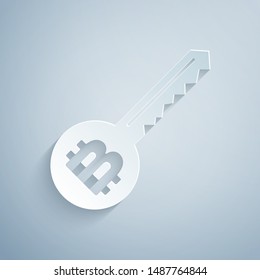 Paper cut Cryptocurrency key icon isolated on grey background. Concept of cyber security or private key, digital key with technology interface. Paper art style. Vector Illustration