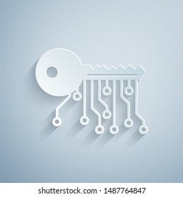Paper cut Cryptocurrency key icon isolated on grey background. Concept of cyber security or private key, digital key with technology interface. Paper art style. Vector Illustration