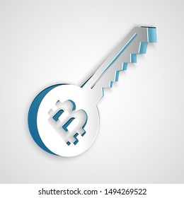 Paper cut Cryptocurrency key icon isolated on grey background. Concept of cyber security or private key, digital key with technology interface. Paper art style. Vector Illustration