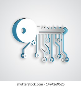 Paper cut Cryptocurrency key icon isolated on grey background. Concept of cyber security or private key, digital key with technology interface. Paper art style. Vector Illustration