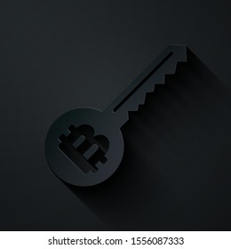 Paper cut Cryptocurrency key icon isolated on black background. Concept of cyber security or private key, digital key with technology interface. Paper art style. Vector Illustration