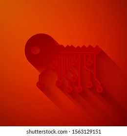Paper cut Cryptocurrency key icon isolated on red background. Concept of cyber security or private key, digital key with technology interface. Paper art style. Vector Illustration