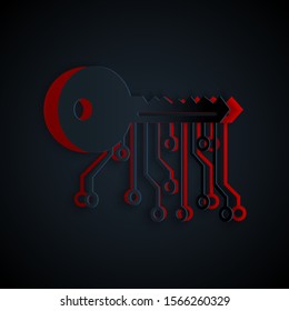 Paper cut Cryptocurrency key icon isolated on black background. Concept of cyber security or private key, digital key with technology interface. Paper art style. Vector Illustration