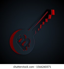 Paper cut Cryptocurrency key icon isolated on black background. Concept of cyber security or private key, digital key with technology interface. Paper art style. Vector Illustration
