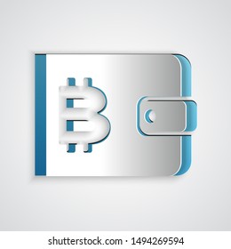 Paper cut Cryptocurrency wallet icon isolated on grey background. Wallet and bitcoin sign. Mining concept. Money, payment, cash, pay icon. Paper art style. Vector Illustration