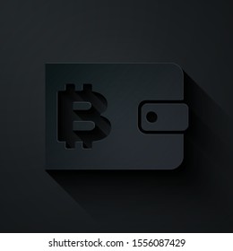 Paper cut Cryptocurrency wallet icon isolated on black background. Wallet and bitcoin sign. Mining concept. Money, payment, cash, pay icon. Paper art style. Vector Illustration