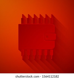 Paper cut Cryptocurrency wallet icon isolated on red background. Wallet and bitcoin sign. Mining concept. Money, payment, cash, pay icon. Paper art style. Vector Illustration