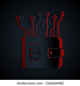 Paper cut Cryptocurrency wallet icon isolated on black background. Wallet and bitcoin sign. Mining concept. Money, payment, cash, pay icon. Paper art style. Vector Illustration