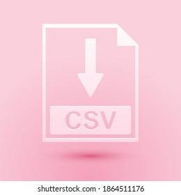 Paper cut CSV file document icon. Download CSV button icon isolated on pink background. Paper art style. Vector.