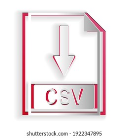 Paper cut CSV file document icon. Download CSV button icon isolated on white background. Paper art style. Vector.