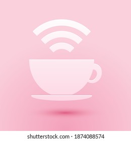 Paper cut Cup of coffee shop with free wifi zone icon isolated on pink background. Internet connection placard. Paper art style. Vector.