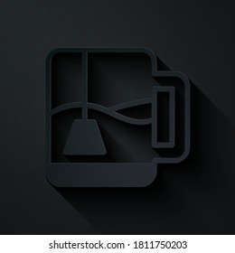 Paper cut Cup of tea with tea bag icon isolated on black background. Paper art style. Vector.