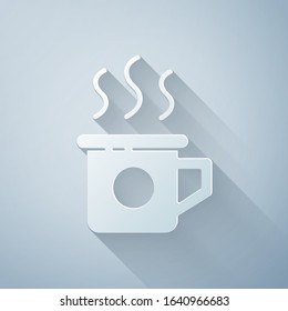 Paper cut Cup of tea icon isolated on grey background. Sweet natural food. Paper art style. Vector Illustration