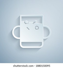 Paper cut Cup of tea and leaf icon isolated on grey background. Paper art style. Vector.