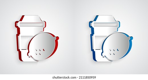 Paper cut Cup of tea with lemon icon isolated on grey background. Paper art style. Vector