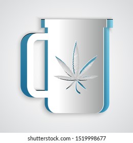 Paper cut Cup tea with marijuana or cannabis leaf icon isolated on grey background. Marijuana legalization. Hemp symbol. Paper art style. Vector Illustration