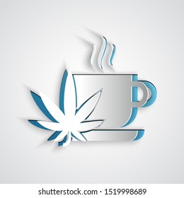 Paper cut Cup tea with marijuana or cannabis leaf icon isolated on grey background. Marijuana legalization. Hemp symbol. Paper art style. Vector Illustration