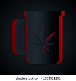 Paper cut Cup tea with marijuana or cannabis leaf icon isolated on black background. Marijuana legalization. Hemp symbol. Paper art style. Vector Illustration