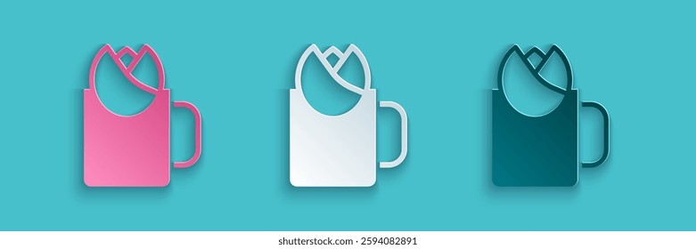 Paper cut Cup of tea with rose icon isolated on blue background. Paper art style. Vector
