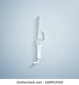 Paper cut Curling iron for hair icon isolated on grey background. Hair straightener icon. Paper art style. Vector Illustration