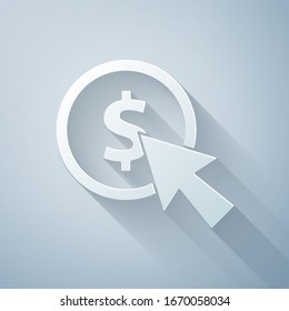 Paper cut Cursor and coin icon isolated on grey background. Dollar or USD symbol. Cash Banking currency sign. Paper art style. Vector Illustration