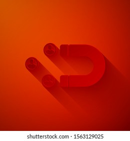 Paper cut Customer attracting icon isolated on red background. Customer retention, support and service. Customer people attracting with magnet. Paper art style. Vector Illustration