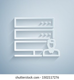 Paper cut Customer care server icon isolated on grey background. Tech support concept with male operator. Call center sign. Paper art style. Vector Illustration