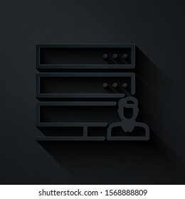 Paper cut Customer care server icon isolated on black background. Tech support concept with male operator. Call center sign. Paper art style. Vector Illustration