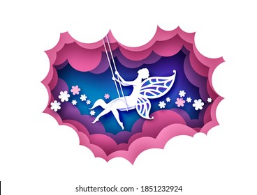 Paper cut cute magic fairy swinging on swing. Vector illustration in paper art style. Fairytale magical creature with butterfly wings silhouette.