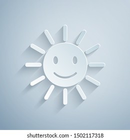 Paper cut Cute sun with smile icon isolated on grey background. Funny smiling sun. Happy sunny smile. Paper art style. Vector Illustration