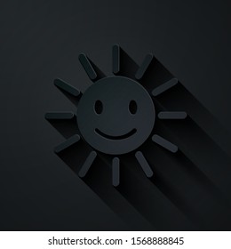 Paper cut Cute sun with smile icon isolated on black background. Funny smiling sun. Happy sunny smile. Paper art style. Vector Illustration