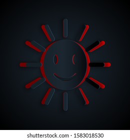 Paper cut Cute sun with smile icon isolated on black background. Funny smiling sun. Happy sunny smile. Paper art style. Vector Illustration