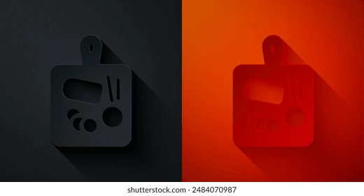 Paper cut Cutting board icon isolated on black and red background. Chopping Board symbol. Paper art style. Vector