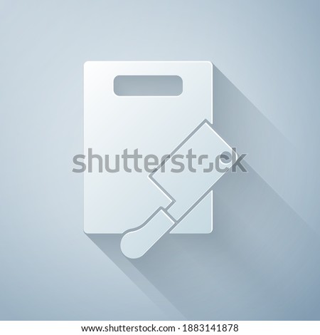 Paper cut Cutting board and meat chopper icon isolated on grey background. Butcher knife. Chopping board symbol. Paper art style. Vector