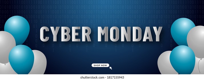 Papier Schneiden Cyber Montag Text mit Glossy Balloons auf blauem Binärkode Hintergrund. Kopfzeile oder Bannerdesign.