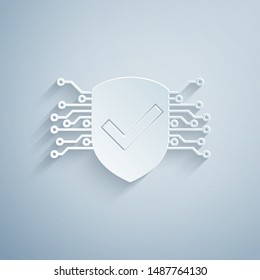 Paper cut Cyber security icon isolated on grey background. Shield with check mark sign. Safety concept. Digital data protection. Paper art style. Vector Illustration