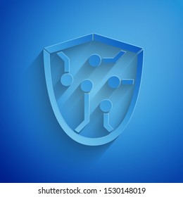 Paper cut Cyber security icon isolated on blue background. Shield sign. Safety concept. Digital data protection. Paper art style. Vector Illustration