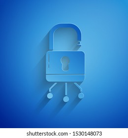Paper cut Cyber security icon isolated on blue background. Closed padlock on digital circuit board. Safety concept. Digital data protection. Paper art style. Vector Illustration