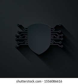 Paper cut Cyber security icon isolated on black background. Shield sign. Safety concept. Digital data protection. Paper art style. Vector Illustration