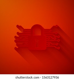 Paper cut Cyber security icon isolated on red background. Closed padlock on digital circuit board. Safety concept. Digital data protection. Paper art style. Vector Illustration