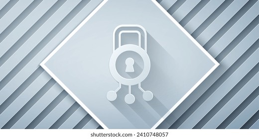 Papier geschnitten Cyber-Sicherheitssymbol einzeln auf grauem Hintergrund. Schließen Sie das Schloss auf der digitalen Leiterplatte. Sicherheitskonzept. Digitaler Datenschutz. Kunststil aus Papier. Vektorgrafik