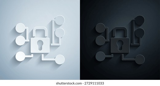 Papierschnitt Cyber-Sicherheitssymbol einzeln auf grauem und schwarzem Hintergrund. Geschlossenes Vorhängeschloss auf digitaler Leiterplatte. Sicherheitskonzept. Digitaler Datenschutz. Papierkunststil. Vektorgrafik