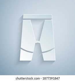Paper cut Cycling shorts icon isolated on grey background. Paper art style. Vector.